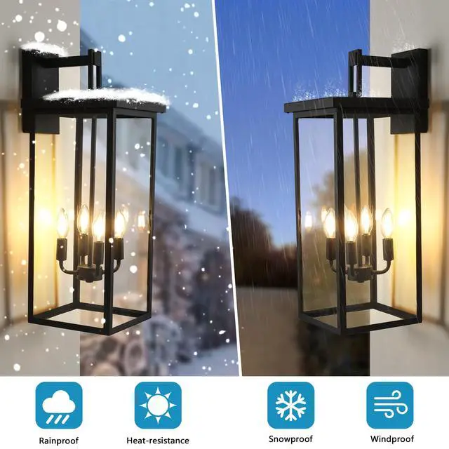 Alt view image 5 of 7 - 26"(H) 1Ps Modern Outdoor Wall Lanterns with Black Metal Frame and Clear Glass, 4 E12 Bulb Socket, Weatherproof Wall Sconces for Porch, Garden, Patio (No Bulbs)