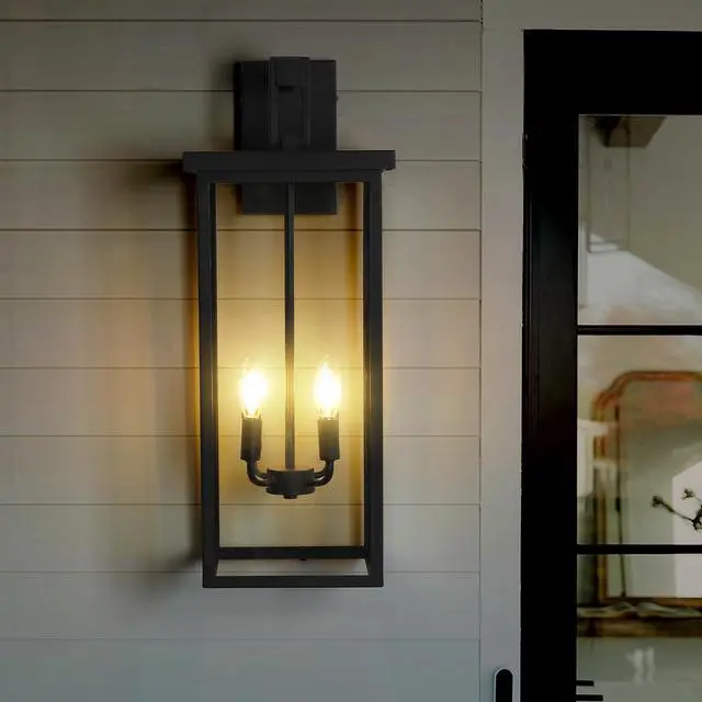 Alt view image 2 of 7 - 26"(H) 1Ps Modern Outdoor Wall Lanterns with Black Metal Frame and Clear Glass, 4 E12 Bulb Socket, Weatherproof Wall Sconces for Porch, Garden, Patio (No Bulbs)