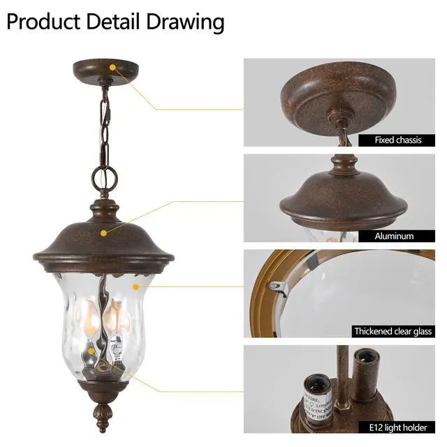 Alt view image 5 of 7 - 19"(H) Rustic Outdoor Hanging Lantern, Weatherproof Vintage Pendant Light with Clear Glass Shade, Waterproof Exterior Lighting Fixture for Porch, Patio, Or Garden (one Piece & No Bulb)