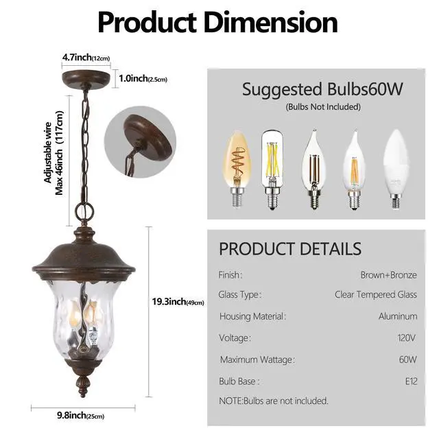 Alt view image 6 of 7 - 19"(H) Rustic Outdoor Hanging Lantern, Weatherproof Vintage Pendant Light with Clear Glass Shade, Waterproof Exterior Lighting Fixture for Porch, Patio, Or Garden (one Piece & No Bulb)