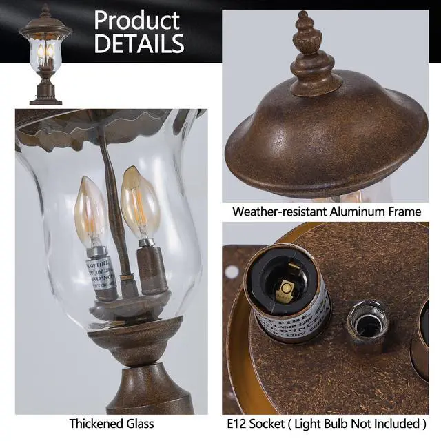 Alt view image 6 of 7 - 21"(H) Vintage Outdoor Lamp Post Light, Waterproof Garden Patio Lantern with Clear Glass Shade, Classic Bronze Finish, Ideal for Yard, Porch, Walkway, and Driveway Lighting (one Piece & No Bulb)