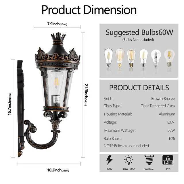 Alt view image 7 of 7 - 21"(H) Vintage Outdoor Wall Lantern, Waterproof Exterior Wall Sconce with Crown top and Clear Glass, Decorative Outdoor Lighting Fixture for Patio, Garden, Or Entryway (one Piece&No Bulb)