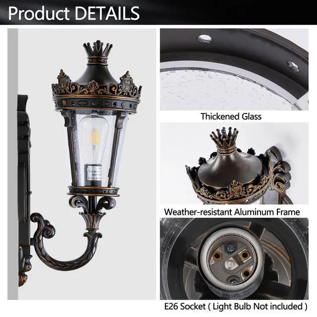 Alt view image 6 of 7 - 21"(H) Vintage Outdoor Wall Lantern, Waterproof Exterior Wall Sconce with Crown top and Clear Glass, Decorative Outdoor Lighting Fixture for Patio, Garden, Or Entryway (one Piece&No Bulb)