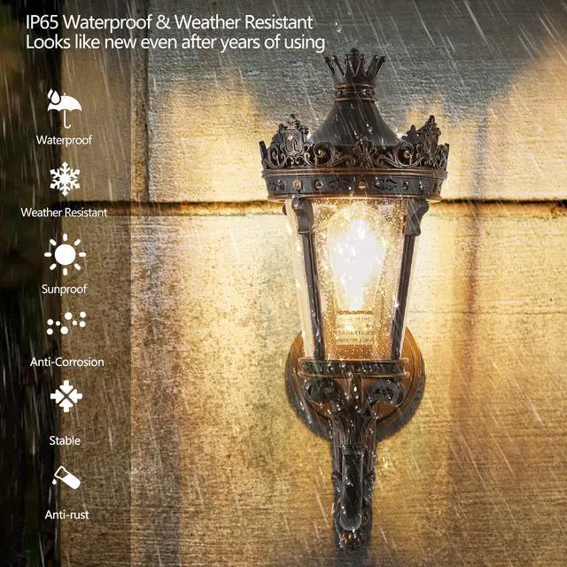 Alt view image 4 of 7 - 21"(H) Vintage Outdoor Wall Lantern, Waterproof Exterior Wall Sconce with Crown top and Clear Glass, Decorative Outdoor Lighting Fixture for Patio, Garden, Or Entryway (one Piece&No Bulb)