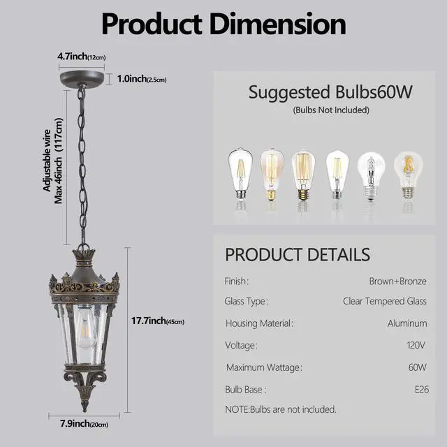 Alt view image 5 of 7 - 18"(H) Antique Crown Outdoor Hanging Lantern, Waterproof Vintage Pendant Light with Ornate Metal Design and Clear Glass for Patio, Garden, Porch, Entryway Lighting (one Piece&No Bulb)