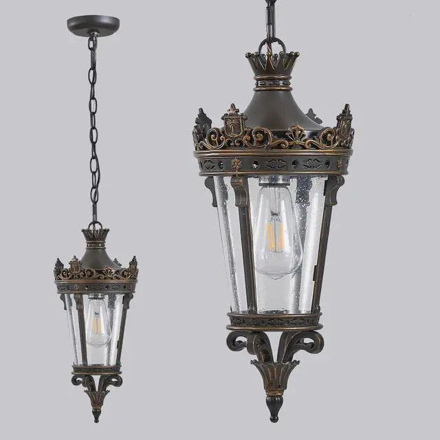 Alt view image 7 of 7 - 18"(H) Antique Crown Outdoor Hanging Lantern, Waterproof Vintage Pendant Light with Ornate Metal Design and Clear Glass for Patio, Garden, Porch, Entryway Lighting (one Piece&No Bulb)