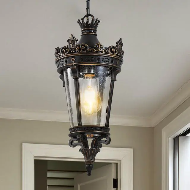 Main image of 18"(H) Antique Crown Outdoor Hanging Lantern, Waterproof Vintage Pendant Light with Ornate Metal Design and Clear Glass for Patio, Garden, Porch, Entryway Lighting (one Piece&No Bulb)