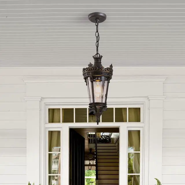 Alt view image 2 of 7 - 18"(H) Antique Crown Outdoor Hanging Lantern, Waterproof Vintage Pendant Light with Ornate Metal Design and Clear Glass for Patio, Garden, Porch, Entryway Lighting (one Piece&No Bulb)