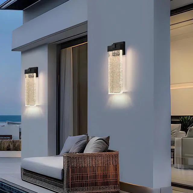 Alt view image 3 of 7 - 18"(H) 1-Pack 12W Modern Outdoor Wall Light Fixture, Weatherproof Led Wall Sconce with Bubble Crystal, Black Finish, Up and Down Lighting for Porch, Patio, and Garden