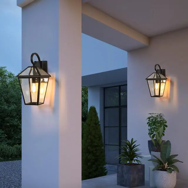 Alt view image 2 of 7 - 10" 2Pcs Outdoor Wall Lanterns, Black Finish Weatherproof Wall Sconce with Clear Glass Panels, Vintage Exterior Light Fixtures for Porch, Patio, Garage, and Entryway (Bulb Not included)