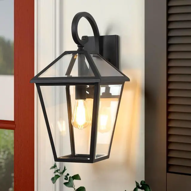 Alt view image 3 of 7 - 10" 2Pcs Outdoor Wall Lanterns, Black Finish Weatherproof Wall Sconce with Clear Glass Panels, Vintage Exterior Light Fixtures for Porch, Patio, Garage, and Entryway (Bulb Not included)