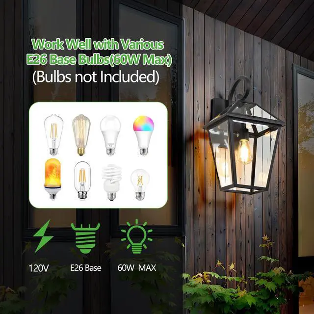 Alt view image 6 of 7 - 10" 2Pcs Outdoor Wall Lanterns, Black Finish Weatherproof Wall Sconce with Clear Glass Panels, Vintage Exterior Light Fixtures for Porch, Patio, Garage, and Entryway (Bulb Not included)