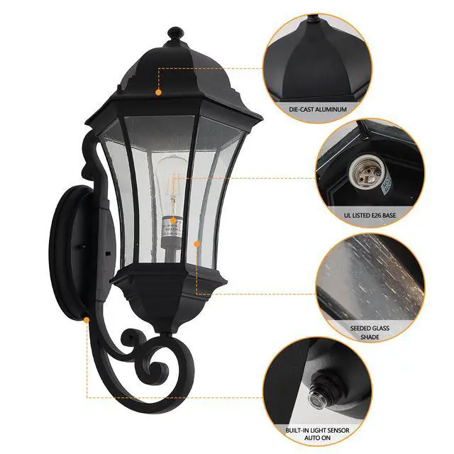 Alt view image 3 of 7 - 27"(H) 1-Pack Outdoor Wall Lantern with Dusk to Dawn Sensor, Black Weatherrproof Exterior Light Fixture with Clear Bubble Glass, Vintage Wall Sconce for Porch, Patio, Entryway, and Garage (No Bulb)