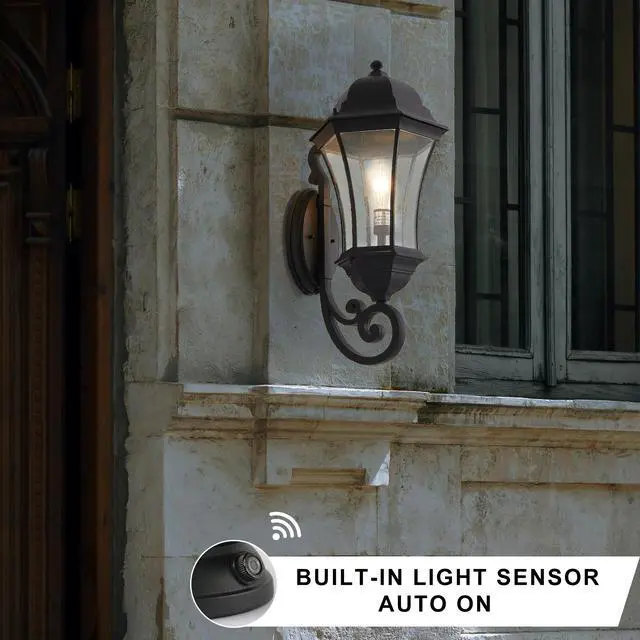 Alt view image 4 of 7 - 27"(H) 1-Pack Outdoor Wall Lantern with Dusk to Dawn Sensor, Black Weatherrproof Exterior Light Fixture with Clear Bubble Glass, Vintage Wall Sconce for Porch, Patio, Entryway, and Garage (No Bulb)