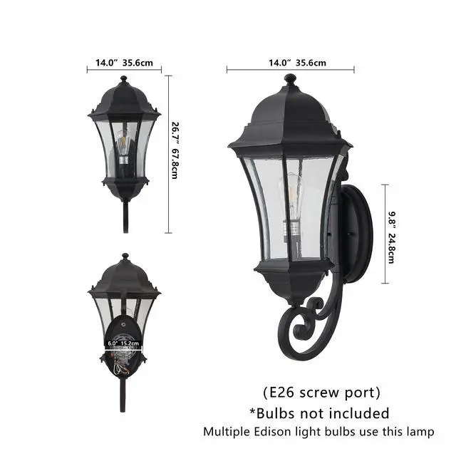Alt view image 7 of 7 - 27"(H) 1-Pack Outdoor Wall Lantern with Dusk to Dawn Sensor, Black Weatherrproof Exterior Light Fixture with Clear Bubble Glass, Vintage Wall Sconce for Porch, Patio, Entryway, and Garage (No Bulb)