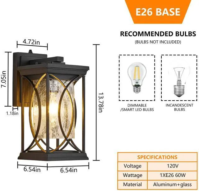 Alt view image 7 of 7 - Oil Rubbed Bronze Porch Light Dusk to Dawn Outdoor Wall Lantern Small Modern Exterior Light Fixture Aluminum with Crack-Like Glass Ip65 Waterproof Outdoor Sconce Outside Light for House, Front Door