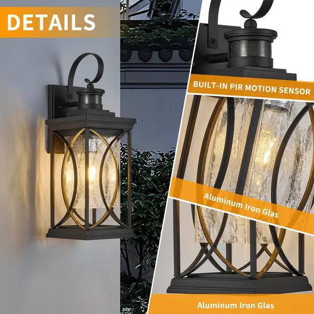 Alt view image 2 of 7 - Motion Sensor Outdoor Lights Wall Mount, Dusk to Dawn Exterior Light Fixture, Anti-Rust Waterproof Outside Porch Lights with Glass & E26 Socket Wall Sconce for House Garage Patio Doorway, Black