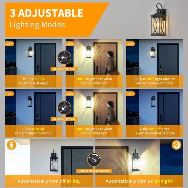 Alt view image 4 of 7 - Motion Sensor Outdoor Lights Wall Mount, Dusk to Dawn Exterior Light Fixture, Anti-Rust Waterproof Outside Porch Lights with Glass & E26 Socket Wall Sconce for House Garage Patio Doorway, Black