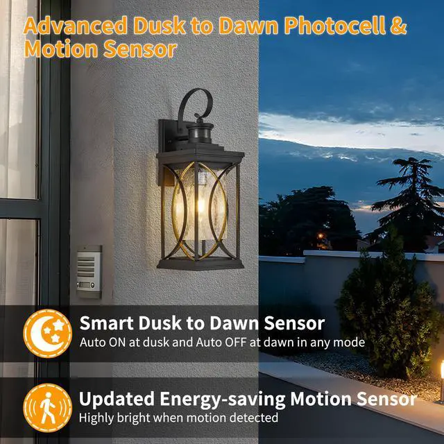 Alt view image 6 of 7 - Motion Sensor Outdoor Lights Wall Mount, Dusk to Dawn Exterior Light Fixture, Anti-Rust Waterproof Outside Porch Lights with Glass & E26 Socket Wall Sconce for House Garage Patio Doorway, Black