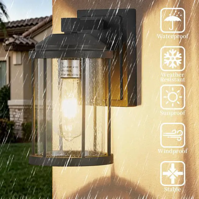 Alt view image 4 of 7 - Outdoor Wall Sconces 2 Pack, Exterior Light Lantern Fixtures, Porch Light Lamps Outdoor Wall Mounted in Black Finish with Seeded Glass for House, Garage, Patio, Yard, Garden