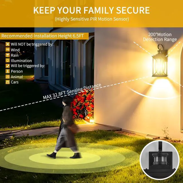 Alt view image 7 of 7 - Motion Sensor Outdoor Lights Wall Mount, Dusk to Dawn Exterior Light Fixture, Anti-Rust Waterproof Outside Porch Lights with Glass & E26 Socket Wall Sconce for House Garage Patio Doorway, Black