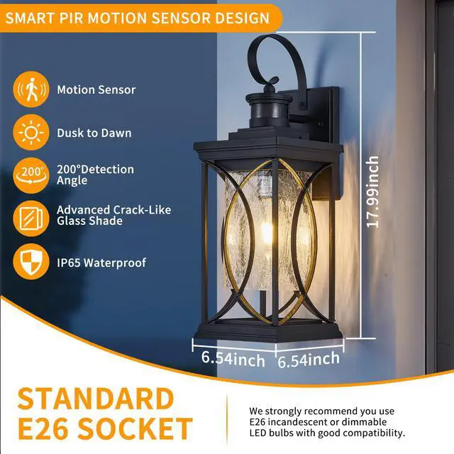 Alt view image 5 of 7 - Motion Sensor Outdoor Lights Wall Mount, Dusk to Dawn Exterior Light Fixture, Anti-Rust Waterproof Outside Porch Lights with Glass & E26 Socket Wall Sconce for House Garage Patio Doorway, Black