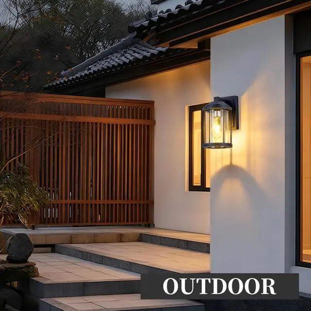 Alt view image 5 of 7 - Outdoor Wall Sconces 2 Pack, Exterior Light Lantern Fixtures, Porch Light Lamps Outdoor Wall Mounted in Black Finish with Seeded Glass for House, Garage, Patio, Yard, Garden