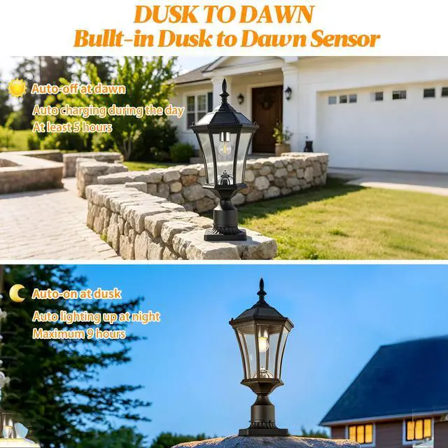 Alt view image 6 of 7 - Solar Post Lights Outdoor, Dusk to Dawn Outdoor Post Lights with Pier Mount Base, Black Solar Lamp Posts Light Fixture, Waterproof Light Posts for Outside Yard Garden Patio, 1 Pack
