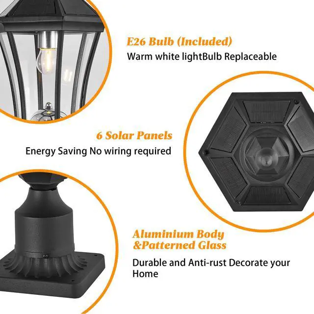 Alt view image 7 of 7 - Solar Post Lights Outdoor, Dusk to Dawn Outdoor Post Lights with Pier Mount Base, Black Solar Lamp Posts Light Fixture, Waterproof Light Posts for Outside Yard Garden Patio, 1 Pack