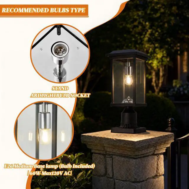 Alt view image 5 of 7 - Dusk to Dawn Outdoor Post Lights with Pier Mount Base, Anti-Rust Black Pillar Lights Fixtures, Waterproof Hardwired Aluminum Exterior Pole Lamps for Garden, Patio, Pathway