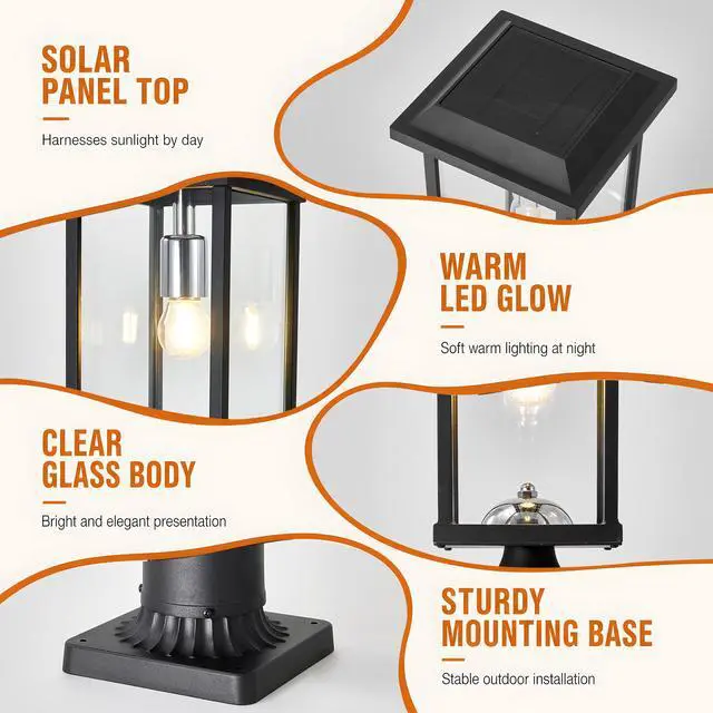 Alt view image 6 of 7 - Dusk to Dawn Outdoor Post Lights with Pier Mount Base, Anti-Rust Black Pillar Lights Fixtures, Waterproof Hardwired Aluminum Exterior Pole Lamps for Garden, Patio, Pathway