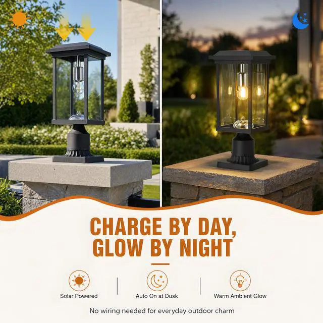 Alt view image 7 of 7 - Dusk to Dawn Outdoor Post Lights with Pier Mount Base, Anti-Rust Black Pillar Lights Fixtures, Waterproof Hardwired Aluminum Exterior Pole Lamps for Garden, Patio, Pathway