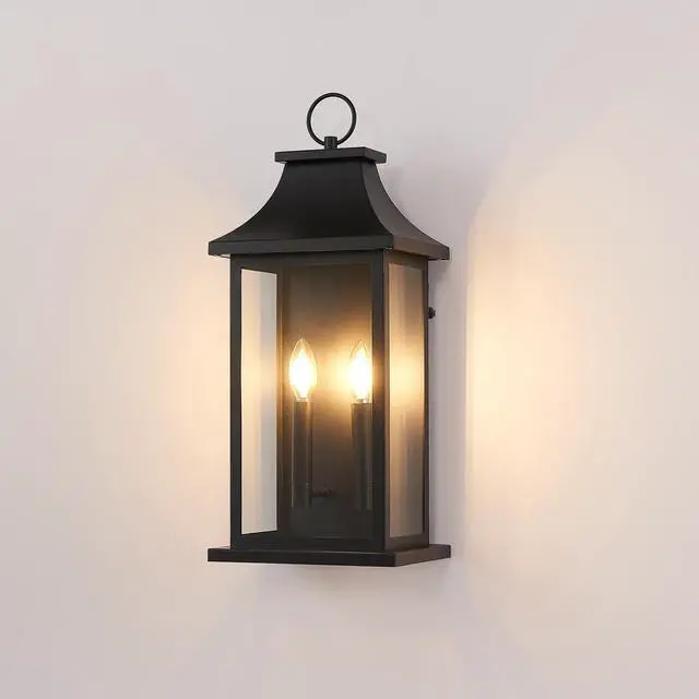 Main image of Dusk to Dawn Outdoor Wall Lantern 2-Light, 22.2" Large Outside Wall Sconce, Modern Black Wall Light Fixture with Glass, Waterproof Exterior Lamp for House, Porch, Garage