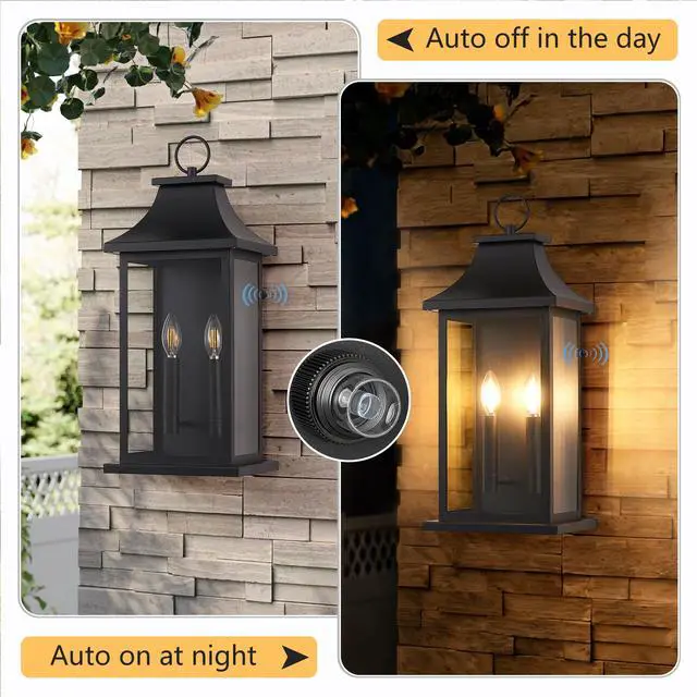 Alt view image 3 of 7 - Dusk to Dawn Outdoor Wall Lantern 2-Light, 22.2" Large Outside Wall Sconce, Modern Black Wall Light Fixture with Glass, Waterproof Exterior Lamp for House, Porch, Garage