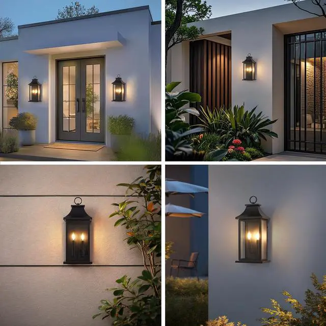 Alt view image 3 of 7 - 2-Pack Dusk to Dawn Outdoor Wall Lantern 2-Light, 22.2" Large Outside Wall Sconce, Modern Black Wall Light Fixture with Glass, Waterproof Exterior Lamp for House, Porch, Garage