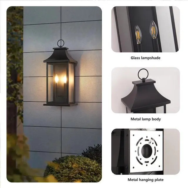 Alt view image 4 of 7 - 2-Pack Dusk to Dawn Outdoor Wall Lantern 2-Light, 22.2" Large Outside Wall Sconce, Modern Black Wall Light Fixture with Glass, Waterproof Exterior Lamp for House, Porch, Garage