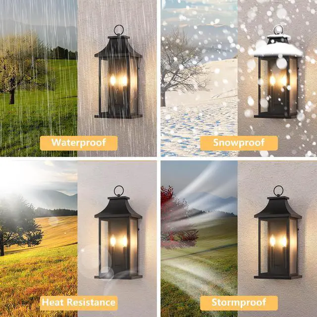 Alt view image 5 of 7 - Dusk to Dawn Outdoor Wall Lantern 2-Light, 22.2" Large Outside Wall Sconce, Modern Black Wall Light Fixture with Glass, Waterproof Exterior Lamp for House, Porch, Garage