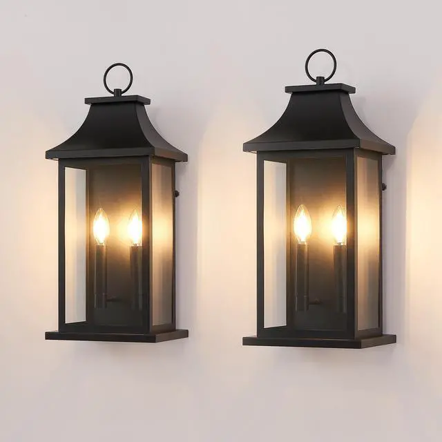 Main image of 2-Pack Dusk to Dawn Outdoor Wall Lantern 2-Light, 22.2" Large Outside Wall Sconce, Modern Black Wall Light Fixture with Glass, Waterproof Exterior Lamp for House, Porch, Garage
