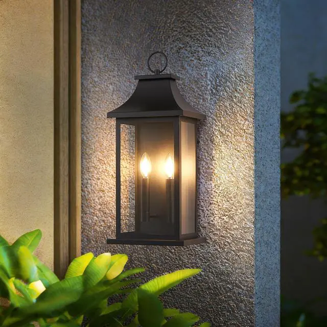 Alt view image 2 of 7 - 2-Pack Dusk to Dawn Outdoor Wall Lantern 2-Light, 22.2" Large Outside Wall Sconce, Modern Black Wall Light Fixture with Glass, Waterproof Exterior Lamp for House, Porch, Garage