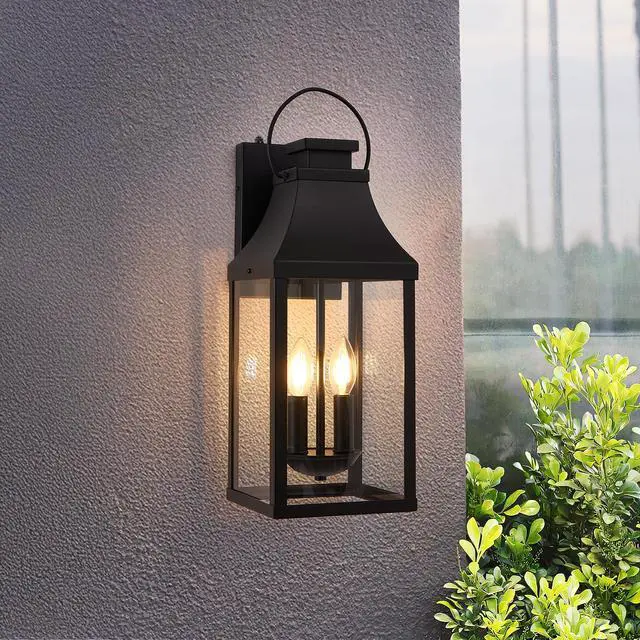 Alt view image 2 of 7 - 20'' Dusk to Dawn Outdoor Wall Light, Large Black Outdoor Porch Light Waterproof Patio Lanterns, Exterior Wall Mount Lighting Fixtures, 2-Light Outside Garage Sconces for House Front, 1-Pack