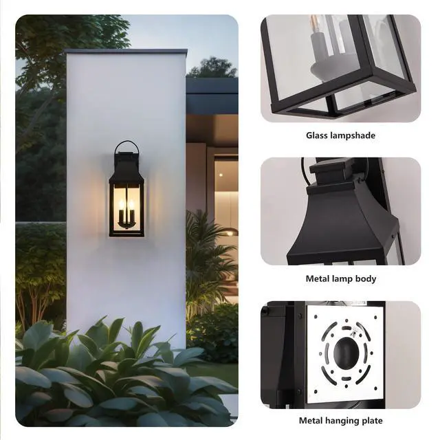 Alt view image 5 of 7 - 20'' Dusk to Dawn Outdoor Wall Light, Large Black Outdoor Porch Light Waterproof Patio Lanterns, Exterior Wall Mount Lighting Fixtures, 2-Light Outside Garage Sconces for House Front, 1-Pack