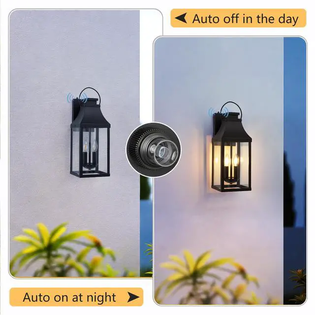 Alt view image 6 of 7 - 20'' Dusk to Dawn Outdoor Wall Light, Large Black Outdoor Porch Light Waterproof Patio Lanterns, Exterior Wall Mount Lighting Fixtures, 2-Light Outside Garage Sconces for House Front, 1-Pack