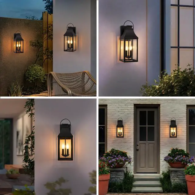 Alt view image 3 of 7 - 20'' Dusk to Dawn Outdoor Wall Light, Large Black Outdoor Porch Light Waterproof Patio Lanterns, Exterior Wall Mount Lighting Fixtures, 2-Light Outside Garage Sconces for House Front, 1-Pack