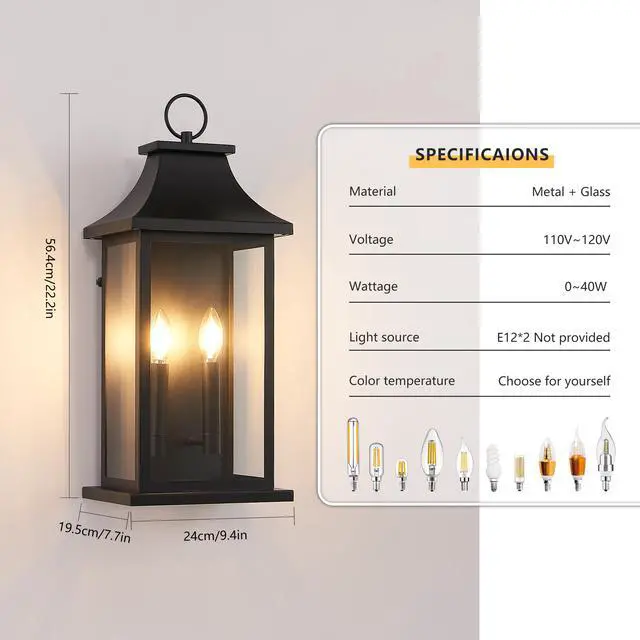 Alt view image 7 of 7 - 2-Pack Dusk to Dawn Outdoor Wall Lantern 2-Light, 22.2" Large Outside Wall Sconce, Modern Black Wall Light Fixture with Glass, Waterproof Exterior Lamp for House, Porch, Garage