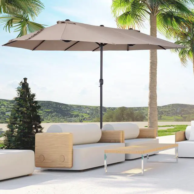Alt view image 2 of 5 - Extra Large 15Ft Patio Umbrella, Double-Sided Outdoor Umbrella with Crank Handle and Air Vents for Backyard, Deck, Pool, Market, Tan