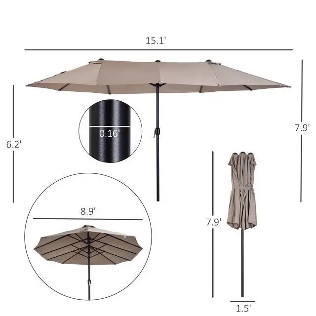 Alt view image 5 of 5 - Extra Large 15Ft Patio Umbrella, Double-Sided Outdoor Umbrella with Crank Handle and Air Vents for Backyard, Deck, Pool, Market, Tan