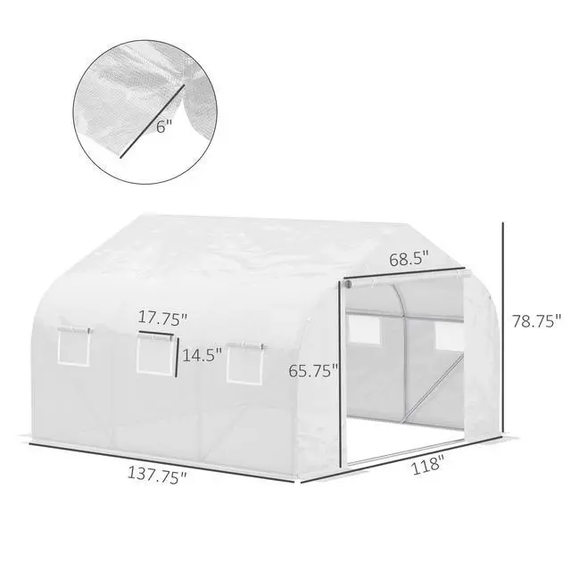 Alt view image 5 of 5 - 11.5' x 10' x 6.5' Outdoor Walk-in Greenhouse, Tunnel Green House with Roll-Up Windows, Zippered Door, Pe Cover, Heavy Duty Steel Frame, White