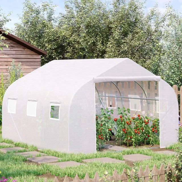 Alt view image 2 of 5 - 11.5' x 10' x 6.5' Outdoor Walk-in Greenhouse, Tunnel Green House with Roll-Up Windows, Zippered Door, Pe Cover, Heavy Duty Steel Frame, White