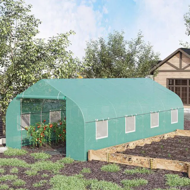 Alt view image 2 of 5 - 20' x 10' x 7' Outdoor Walk-in Greenhouse, Tunnel Green House with Roll-Up Windows, Zippered Door, Pe Cover, Heavy Duty Steel Frame, Green