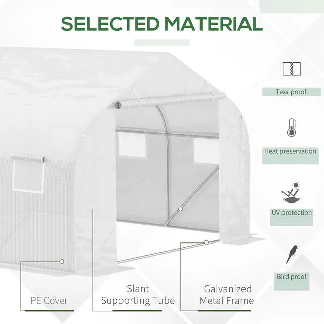 Alt view image 4 of 5 - 11.5' x 10' x 6.5' Outdoor Walk-in Greenhouse, Tunnel Green House with Roll-Up Windows, Zippered Door, Pe Cover, Heavy Duty Steel Frame, White